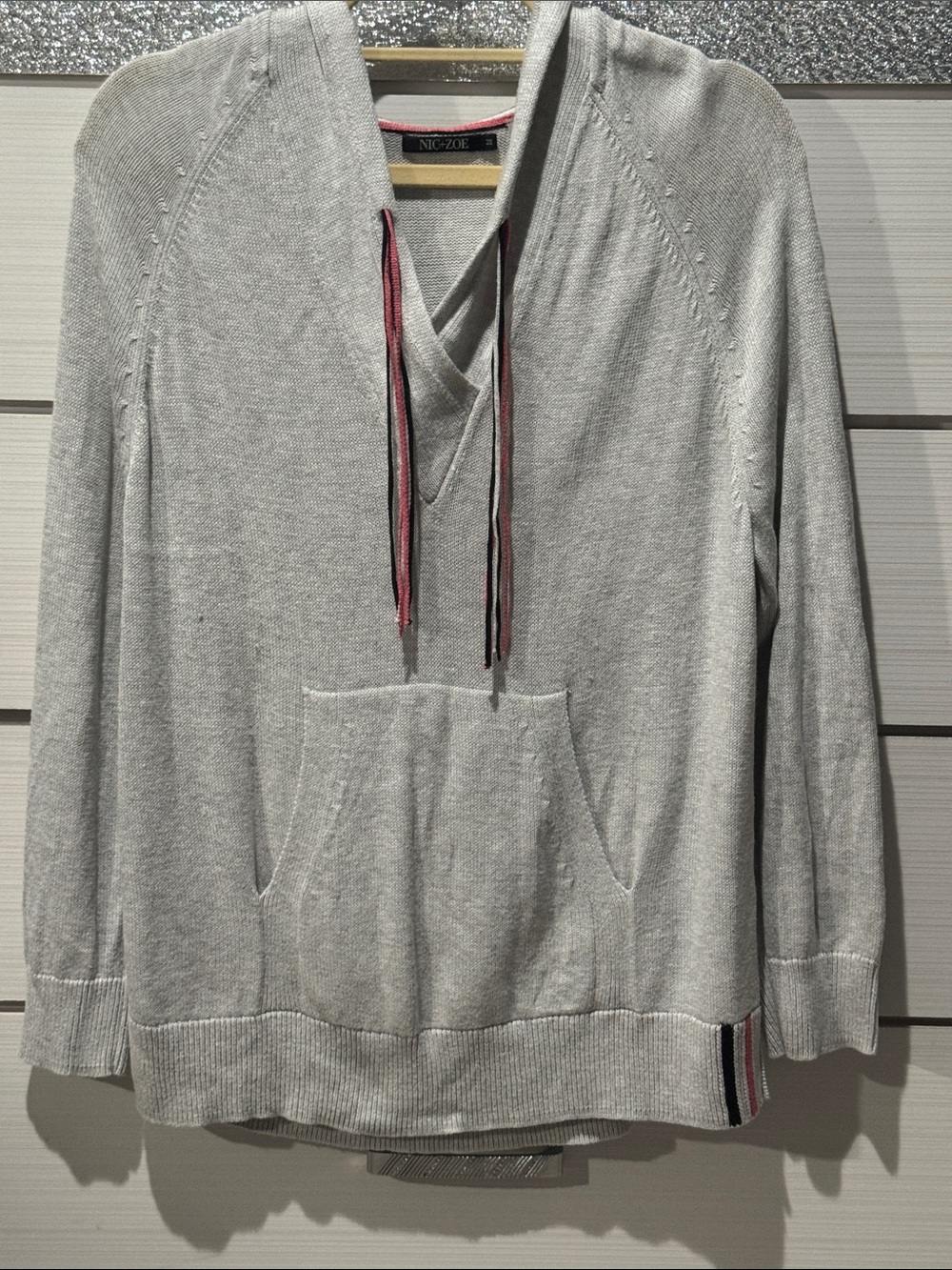NIC+ZOE Light Gray V-Neck Hooded Pullover with Contrast Drawstrings